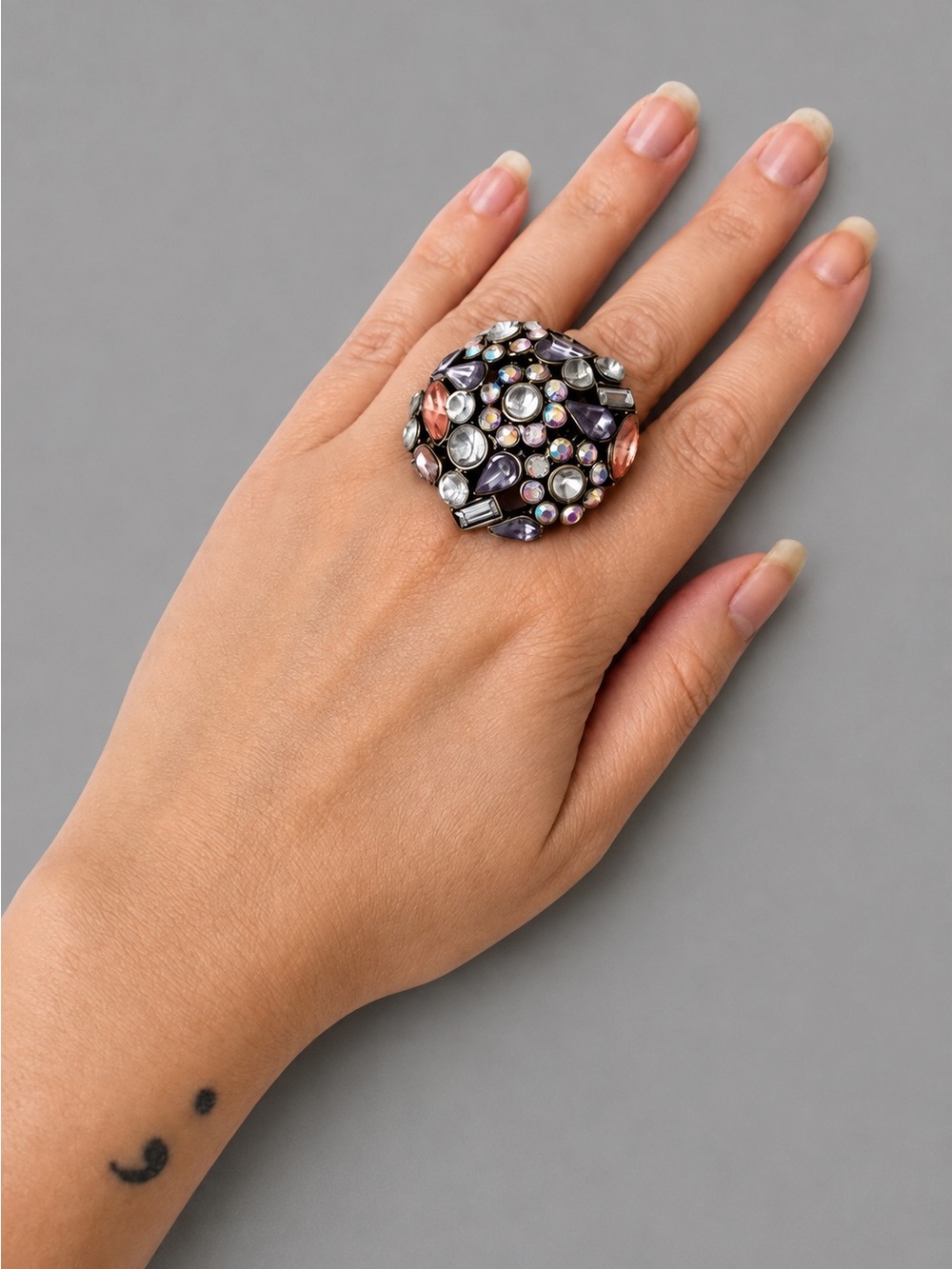 Oversized Rhinestone Stretch Cocktail Ring Purple AB Crystal Statement Ring